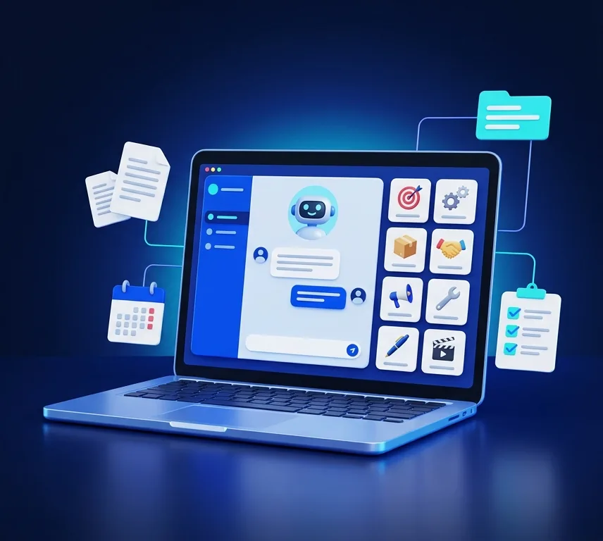 Laptop z czatem AI i kartami ośmiu ról